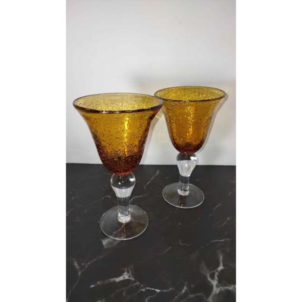 Artland Amber Hand Blown Bubbled Glass Wine Water Goblets